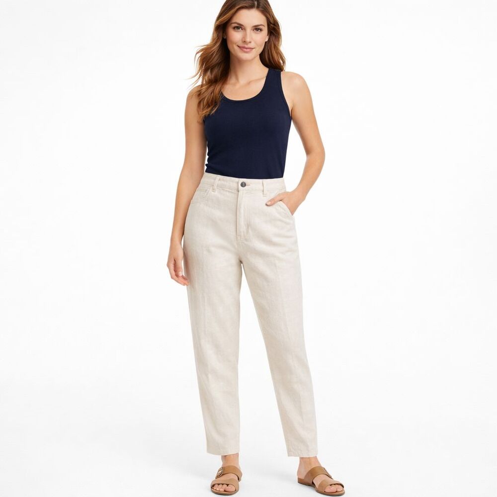 Talbots Linen Cotton Pants Womens Sz 8 Oatmeal 5 Pocket High Waisted Tapered Leg